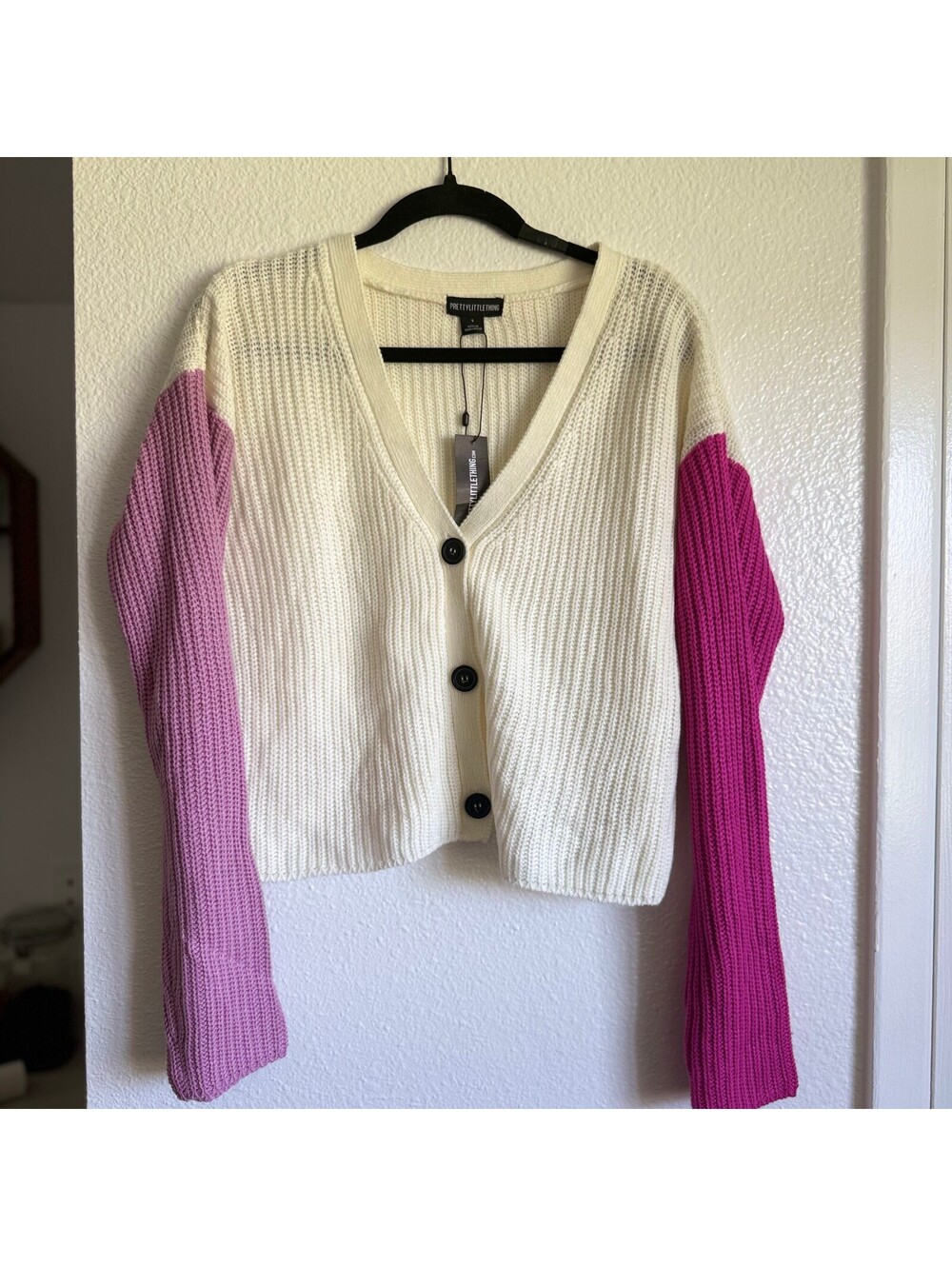 PrettyLittleThing Color Block Knit Cardigan Pink Cream Cropped Button S NWT